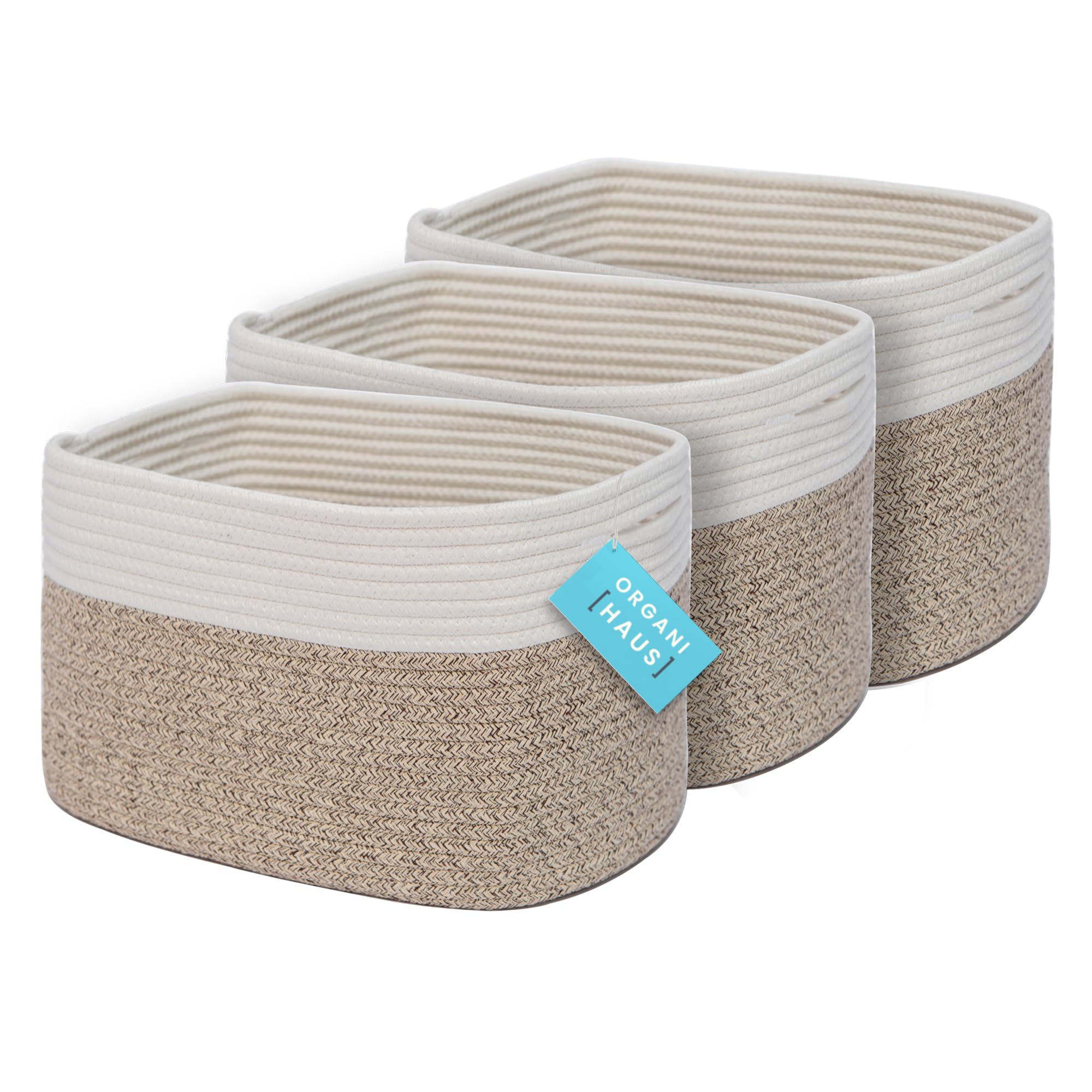 Organihaus Storage Baskets For Shelves Set Of 3 | Storage Closet Baskets | Decorative Storage Basket | Woven Baskets For Storage | Towel Baskets For Bathroom | Cotton Rope Baskets For Storage - Brown